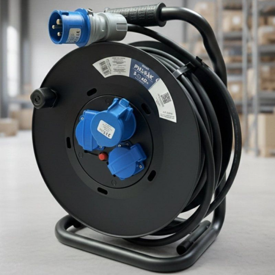 Regleta enrollable Phasak BN 3478/ 2 Tomas de corriente/ 1 Enchufe industrial 2P+TT/ Cable 40m/ Negro y Azul