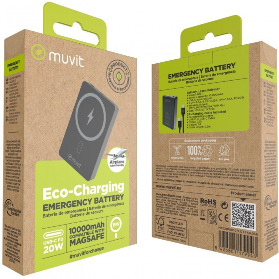 Powerbank 10000mAh Muvit For Change MCCHP0010/ 20W/ Wireless/ Negra/ Incluye Cable USB Tipo-C