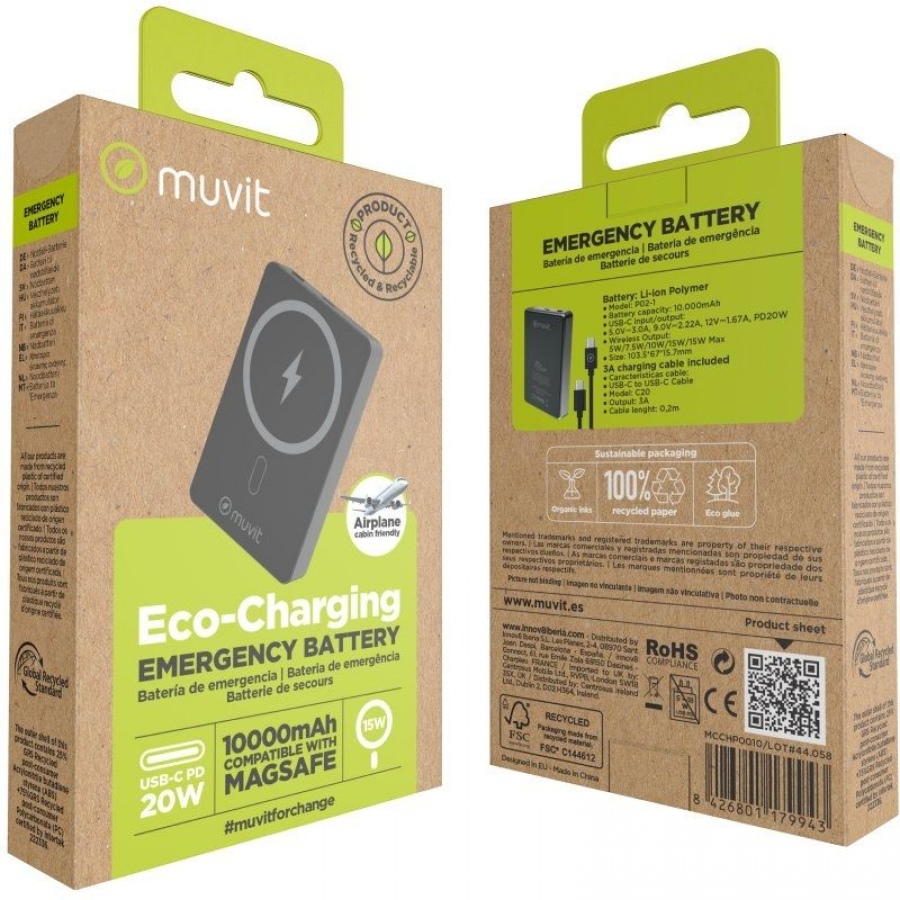 Powerbank 10000mAh Muvit For Change MCCHP0010/ 20W/ Wireless/ Negra/ Incluye Cable USB Tipo-C