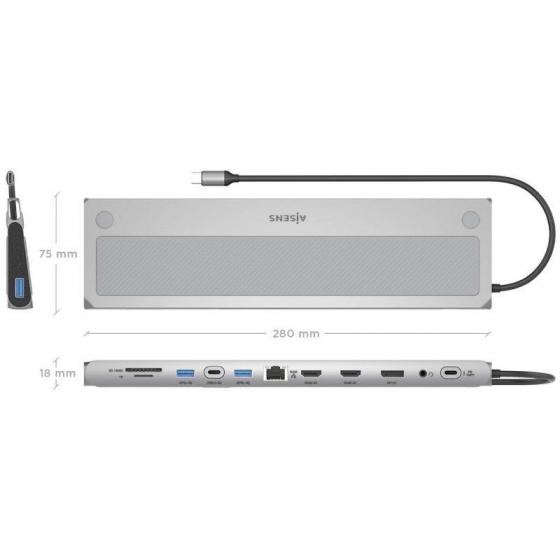Docking USB Tipo-C Aisens ASUC-12P020-GR/ 2xHDMI 4K/ 3xUSB/ 1xUSB Tipo-C/ 1xRJ45/ 1xDisplayPort/ 1xLector Tarjetas/ 1xUSB Tipo-C