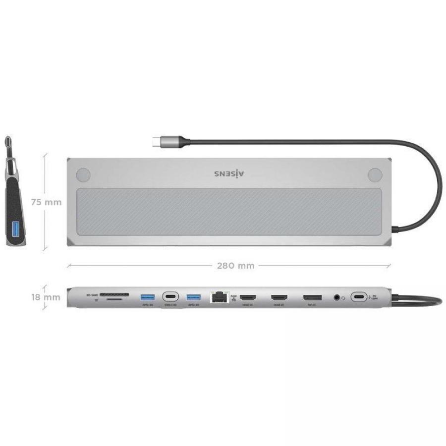 Docking USB Tipo-C Aisens ASUC-12P020-GR/ 2xHDMI 4K/ 3xUSB/ 1xUSB Tipo-C/ 1xRJ45/ 1xDisplayPort/ 1xLector Tarjetas/ 1xUSB Tipo-C