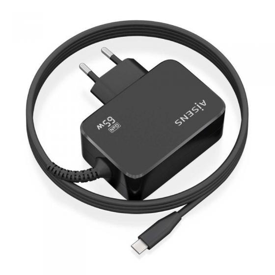 Cargador de Portátil GaN Aisens ASCH-1PD65WL033-BK/ 1xUSB Tipo-C + Cable 1.8m/ 65W/ Automático/ Voltaje 5-20V