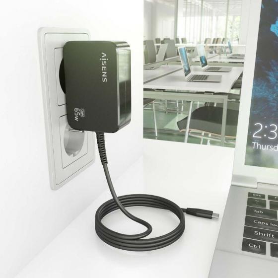 Cargador de Portátil GaN Aisens ASCH-1PD65WL033-BK/ 1xUSB Tipo-C + Cable 1.8m/ 65W/ Automático/ Voltaje 5-20V