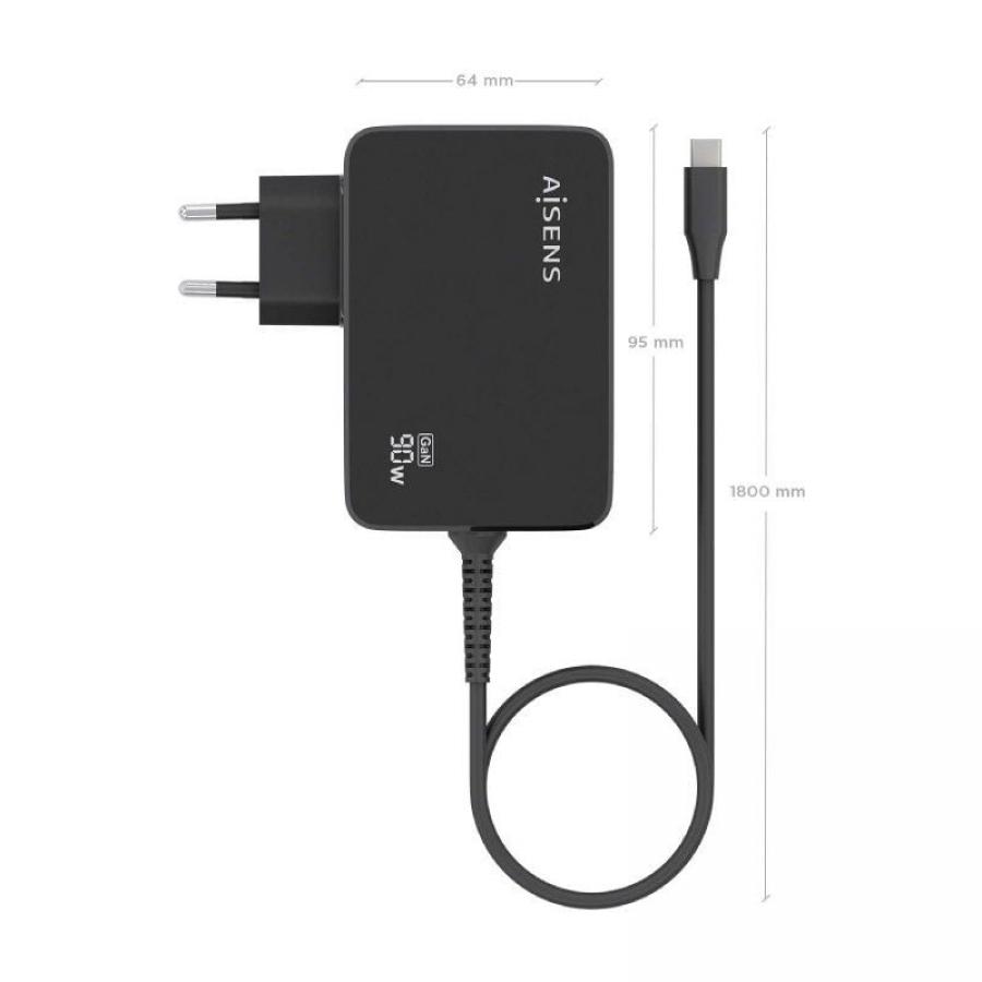 Cargador de Portátil GaN Aisens ASCH-1PD90WL034-BK/ 1xUSB Tipo-C + Cable 1.8m/ 90W/ Automático/ Voltaje 5-20V