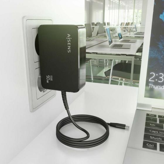 Cargador de Portátil GaN Aisens ASCH-1PD90WL034-BK/ 1xUSB Tipo-C + Cable 1.8m/ 90W/ Automático/ Voltaje 5-20V