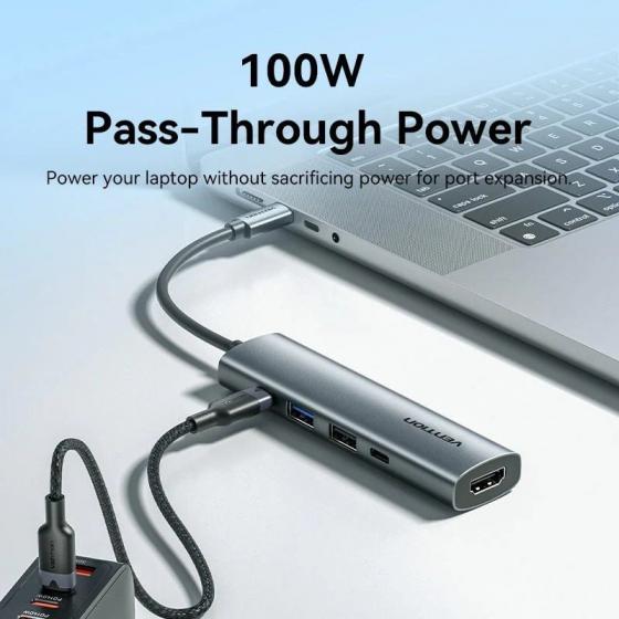 Docking USB Tipo-C Vention TGLHB/ 1xUSB Tipo-C/ 2xUSB/ 1xHDMI 4K/ 1xUSB Tipo-C PD/ Gris