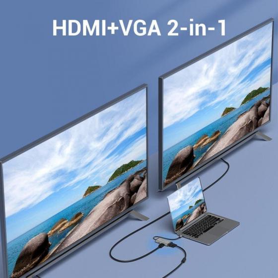 Docking USB Tipo-C Vention TGSHB/ 3xUSB/ 1xHDMI 4K/ 1xVGA/ 1xUSB Tipo-C PD/ Gris