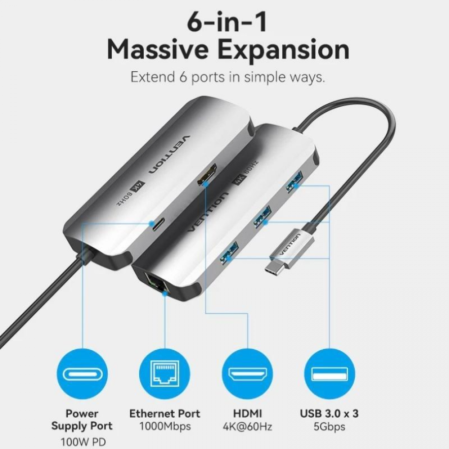 Docking USB Tipo-C Vention TQHHB/ 1xHDMI 4K/ 3xUSB/ 1xUSB Tipo-C PD/ 1xRJ45/ Gris