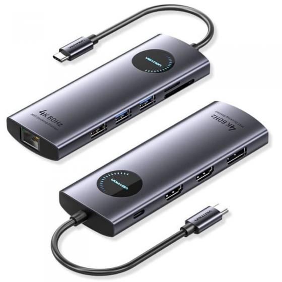 Docking USB Tipo-C Vention TQWHB/ 2xHDMI 4K/ 1xDisplayPort/ 3xUSB/ 1xUSB Tipo-C PD/ 1xRJ45/ 1xLector Tarjetas/ Gris