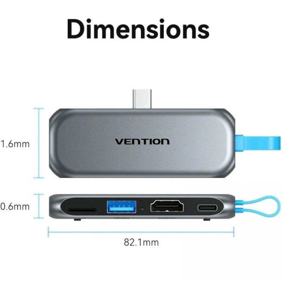 Docking Sin Cables USB Tipo-C Vention THYH0/ 1xUSB/ 1xHDMI/ 1xUSB Tipo-C PD/ 1xLector de Tarjetas/ Gris