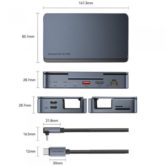 Docking USB Tipo-C para Steam Deck / Switch Vention TPZH0/ 2xHDMI 4K/ 3xUSB/ 1xUSB Tipo-C/ 1xUSB Tipo-C PD/ 1xRJ45/ 1xLector Tar