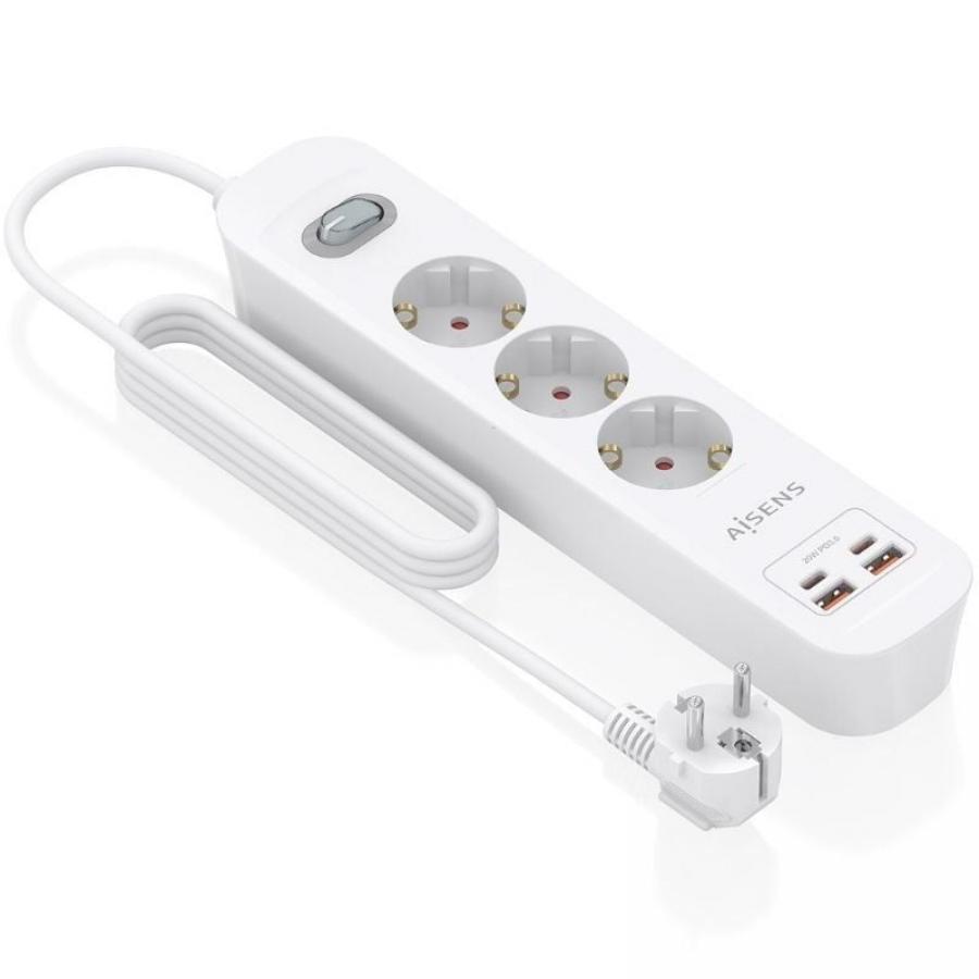 Regleta con Interruptor Aisens ASPS-2A2C10-W/ 3 Tomas de Corriente/ 2 USB - 2 USB Tipo-C/ Cable 1.4m/ Blanco