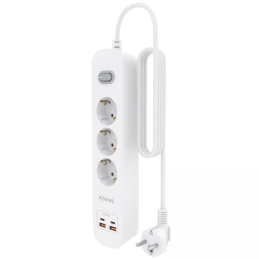 Regleta con Interruptor Aisens ASPS-2A2C10-W/ 3 Tomas de Corriente/ 2 USB - 2 USB Tipo-C/ Cable 1.4m/ Blanco