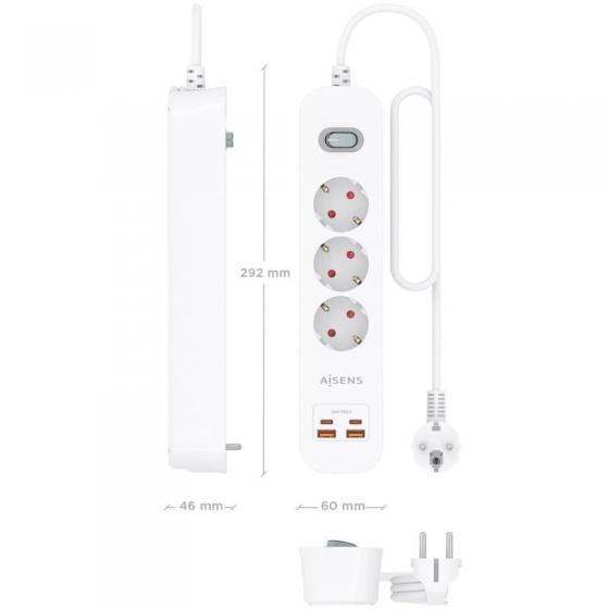 Regleta con Interruptor Aisens ASPS-2A2C10-W/ 3 Tomas de Corriente/ 2 USB - 2 USB Tipo-C/ Cable 1.4m/ Blanco