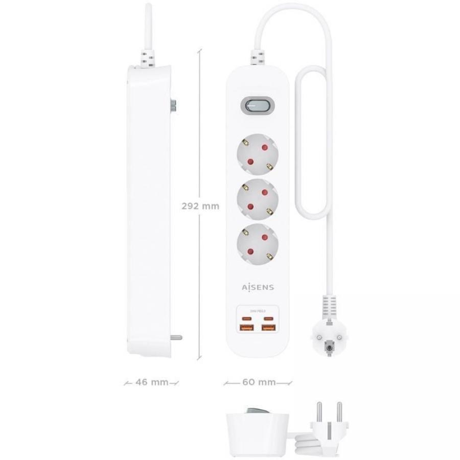 Regleta con Interruptor Aisens ASPS-2A2C10-W/ 3 Tomas de Corriente/ 2 USB - 2 USB Tipo-C/ Cable 1.4m/ Blanco