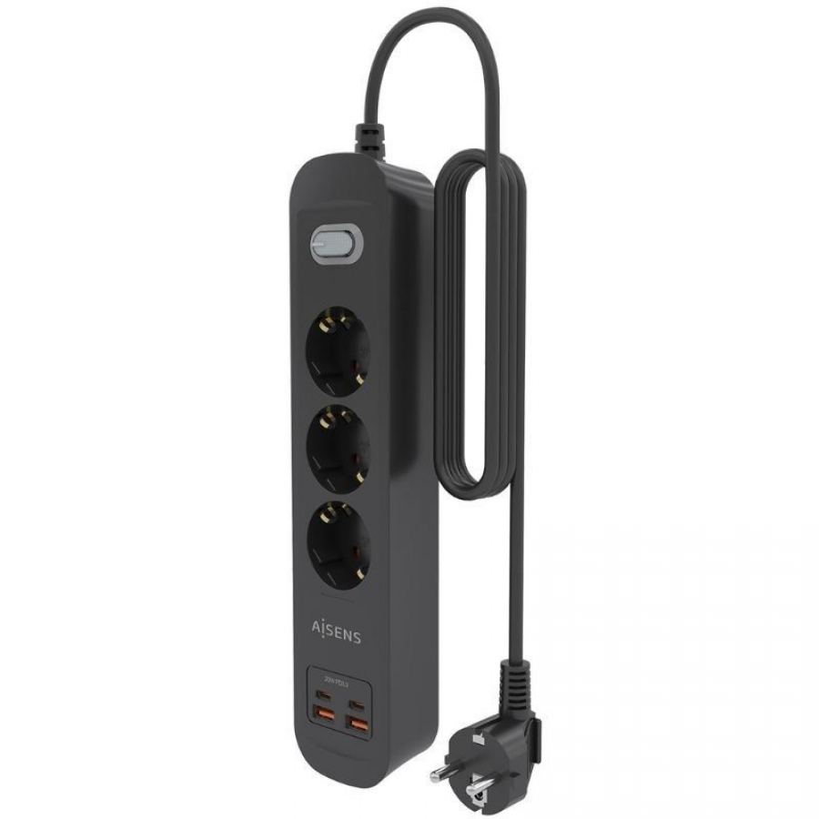 Regleta con Interruptor Aisens ASPS-2A2C11-BK/ 3 Tomas de Corriente/ 2 USB - 2 USB Tipo-C/ Cable 1.4m/ Negro