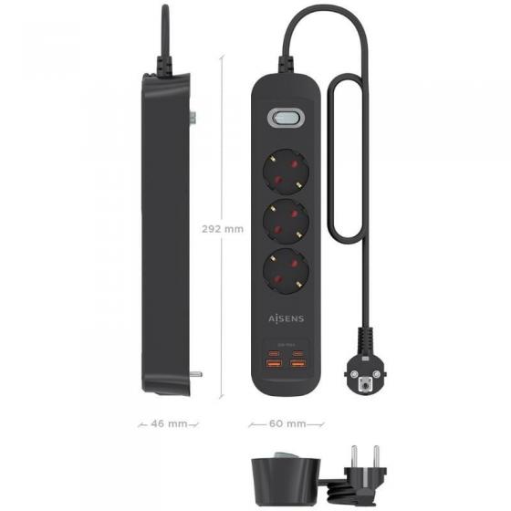 Regleta con Interruptor Aisens ASPS-2A2C11-BK/ 3 Tomas de Corriente/ 2 USB - 2 USB Tipo-C/ Cable 1.4m/ Negro