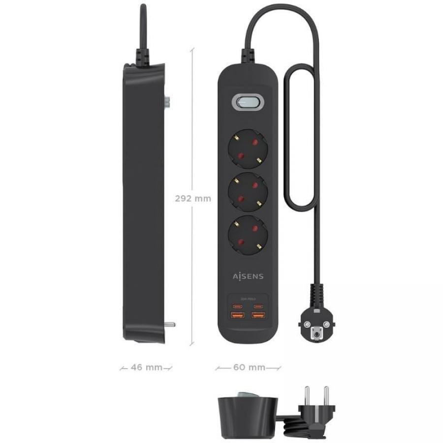 Regleta con Interruptor Aisens ASPS-2A2C11-BK/ 3 Tomas de Corriente/ 2 USB - 2 USB Tipo-C/ Cable 1.4m/ Negro