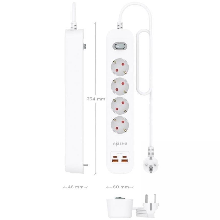 Regleta con Interruptor Aisens ASPS-2A2C12-W/ 4 Tomas de Corriente/ 2 USB - 2 USB Tipo-C/ Cable 1.4m/ Blanco