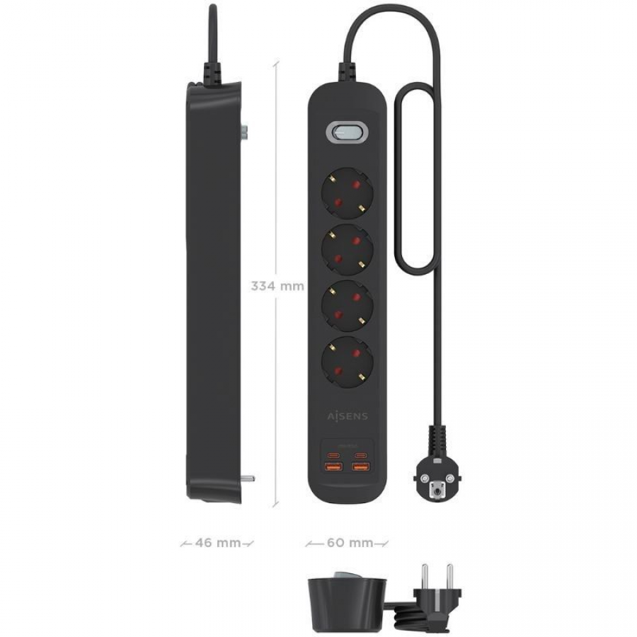 Regleta con Interruptor Aisens ASPS-2A2C13-BK/ 4 Tomas de Corriente/ 2 USB - 2 USB Tipo-C/ Cable 1.4m/ Negro