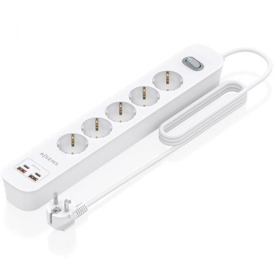 Regleta con Interruptor Aisens ASPS-2A2C14-W/ 5 Tomas de Corriente/ 2 USB - 2 USB Tipo-C/ Cable 1.4m/ Blanco