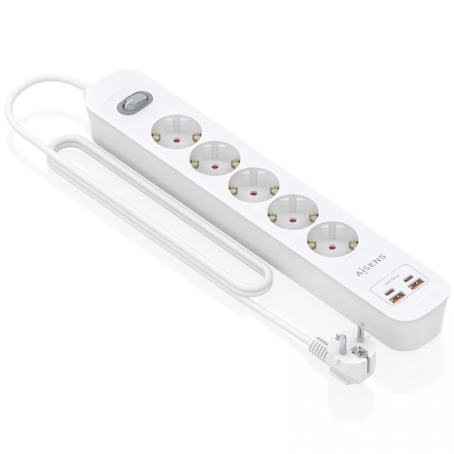 Regleta con Interruptor Aisens ASPS-2A2C14-W/ 5 Tomas de Corriente/ 2 USB - 2 USB Tipo-C/ Cable 1.4m/ Blanco
