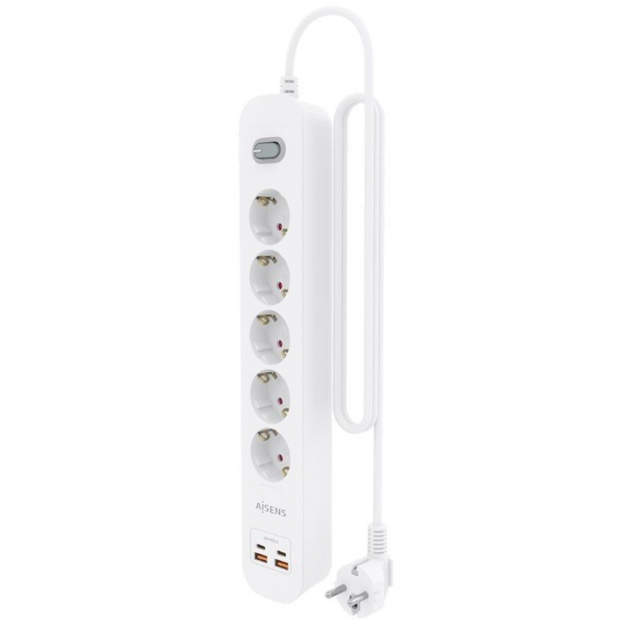 Regleta con Interruptor Aisens ASPS-2A2C14-W/ 5 Tomas de Corriente/ 2 USB - 2 USB Tipo-C/ Cable 1.4m/ Blanco