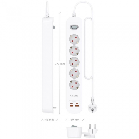 Regleta con Interruptor Aisens ASPS-2A2C14-W/ 5 Tomas de Corriente/ 2 USB - 2 USB Tipo-C/ Cable 1.4m/ Blanco