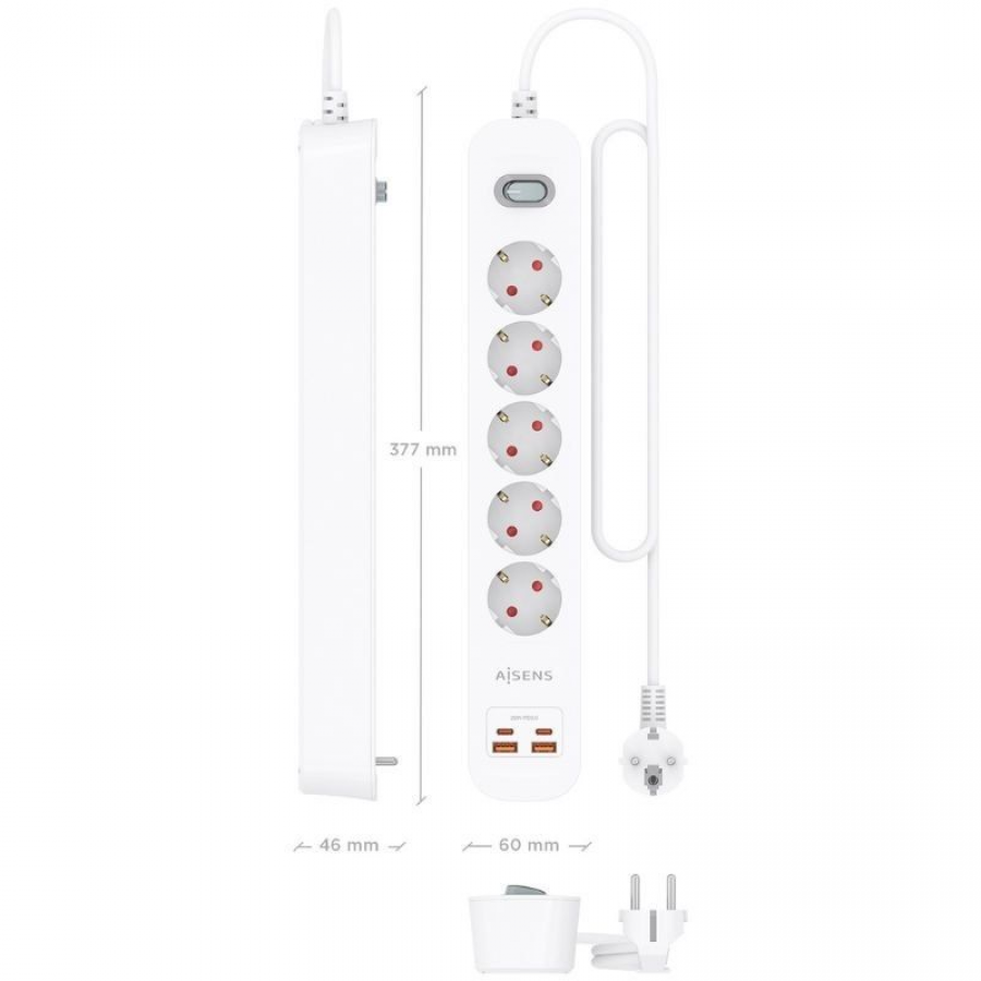 Regleta con Interruptor Aisens ASPS-2A2C14-W/ 5 Tomas de Corriente/ 2 USB - 2 USB Tipo-C/ Cable 1.4m/ Blanco