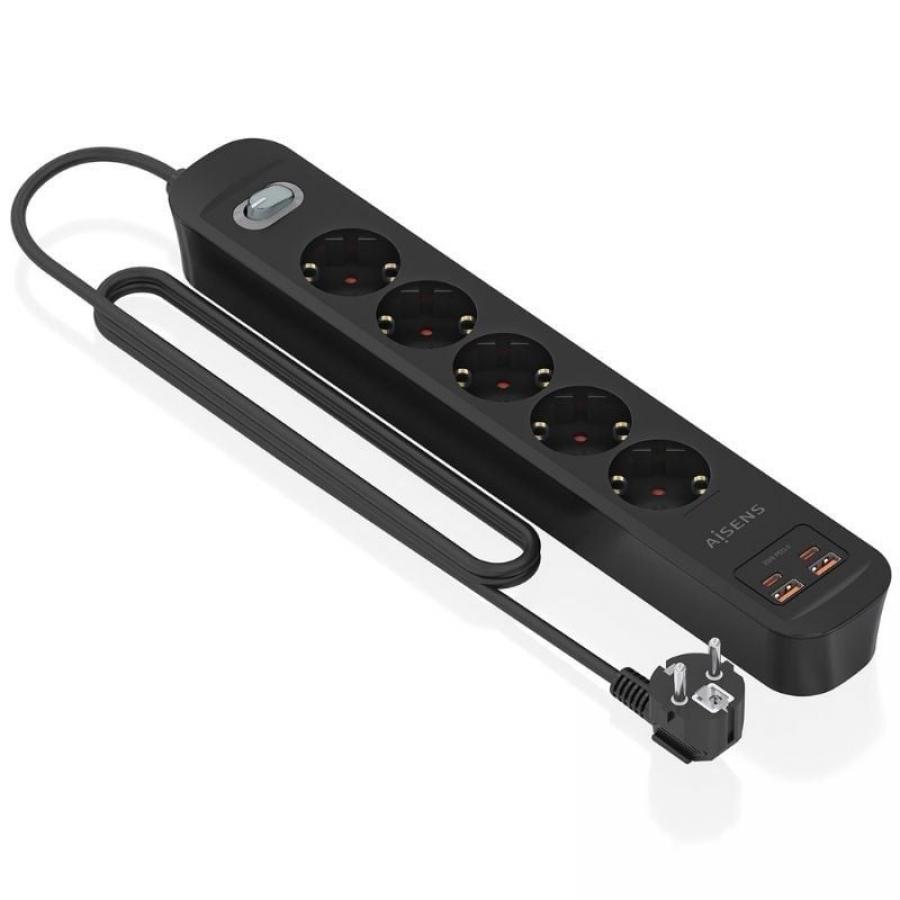 Regleta con Interruptor Aisens A154-0536/ 5 Tomas de Corriente/ 2 USB - 2 USB Tipo-C/ Cable 1.4m/ Negro