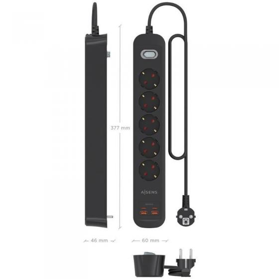 Regleta con Interruptor Aisens A154-0536/ 5 Tomas de Corriente/ 2 USB - 2 USB Tipo-C/ Cable 1.4m/ Negro