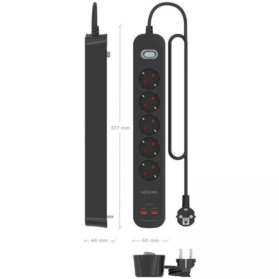 Regleta con Interruptor Aisens A154-0536/ 5 Tomas de Corriente/ 2 USB - 2 USB Tipo-C/ Cable 1.4m/ Negro