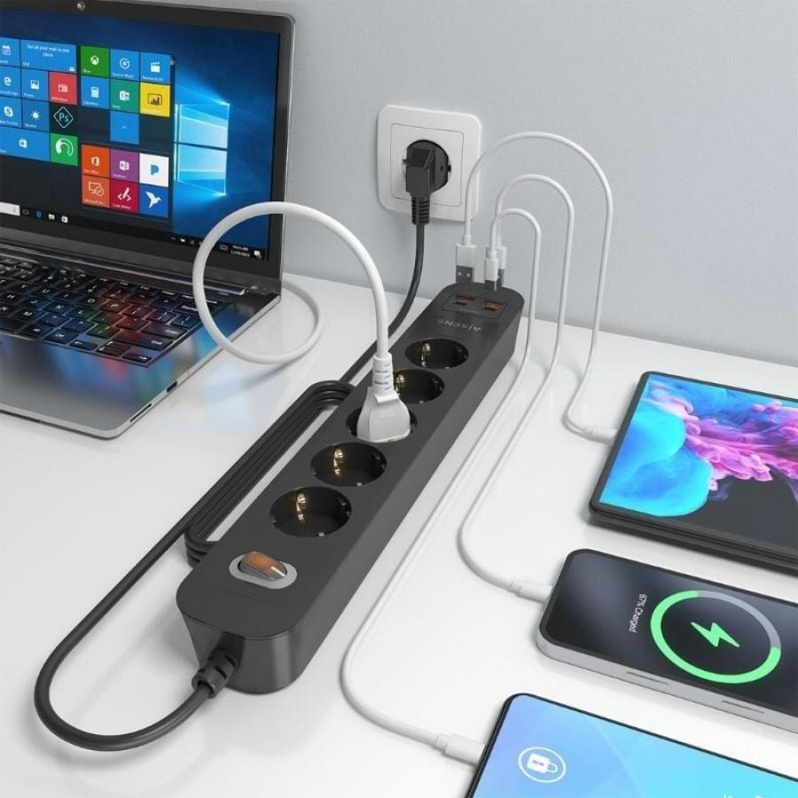 Regleta con Interruptor Aisens A154-0536/ 5 Tomas de Corriente/ 2 USB - 2 USB Tipo-C/ Cable 1.4m/ Negro