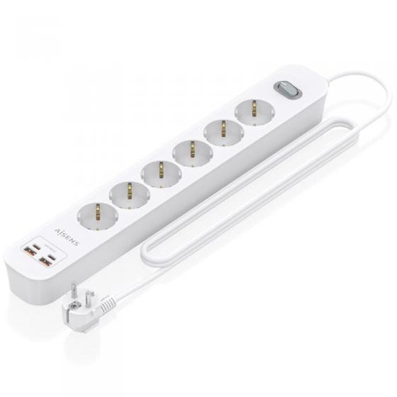 Regleta con Interruptor Aisens ASPS-2A2C16-W/ 6 Tomas de Corriente/ 2 USB - 2 USB Tipo-C/ Cable 1.4m/ Blanco