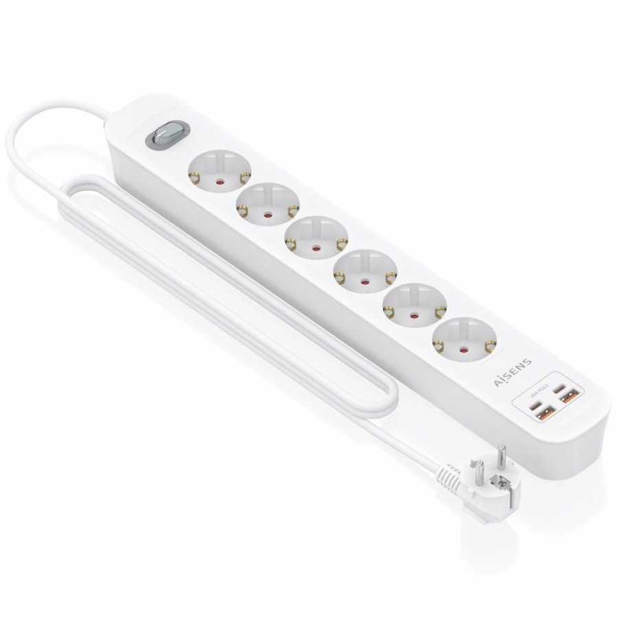 Regleta con Interruptor Aisens ASPS-2A2C16-W/ 6 Tomas de Corriente/ 2 USB - 2 USB Tipo-C/ Cable 1.4m/ Blanco