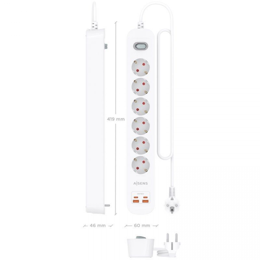 Regleta con Interruptor Aisens ASPS-2A2C16-W/ 6 Tomas de Corriente/ 2 USB - 2 USB Tipo-C/ Cable 1.4m/ Blanco