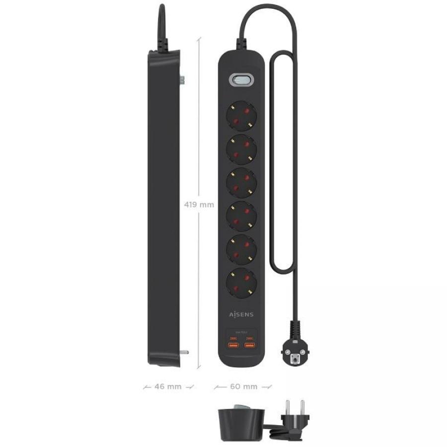 Regleta con Interruptor Aisens ASPS-2A2C17-BK/ 6 Tomas de Corriente/ 2 USB - 2 USB Tipo-C/ Cable 1.4m/ Negro