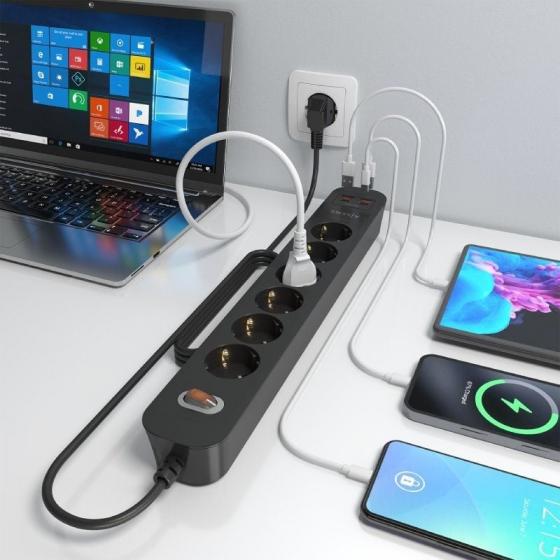 Regleta con Interruptor Aisens ASPS-2A2C17-BK/ 6 Tomas de Corriente/ 2 USB - 2 USB Tipo-C/ Cable 1.4m/ Negro