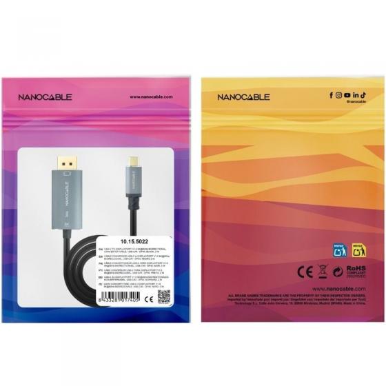 Cable Conversor Nanocable 10.15.5022/ USB Tipo-C Macho - Displayport Macho/ 2m/ Negro