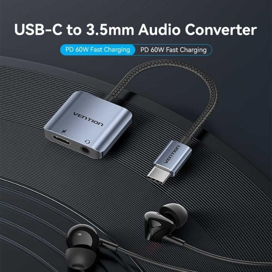 Adaptador Audio Vention BIGHA/ USB Tipo-C Macho - Jack 3.5 Hembra/ USB Tipo-C PD Hembra/ Gris
