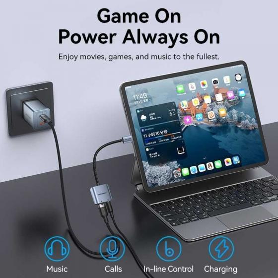 Adaptador Audio Vention BIGHA/ USB Tipo-C Macho - Jack 3.5 Hembra/ USB Tipo-C PD Hembra/ Gris