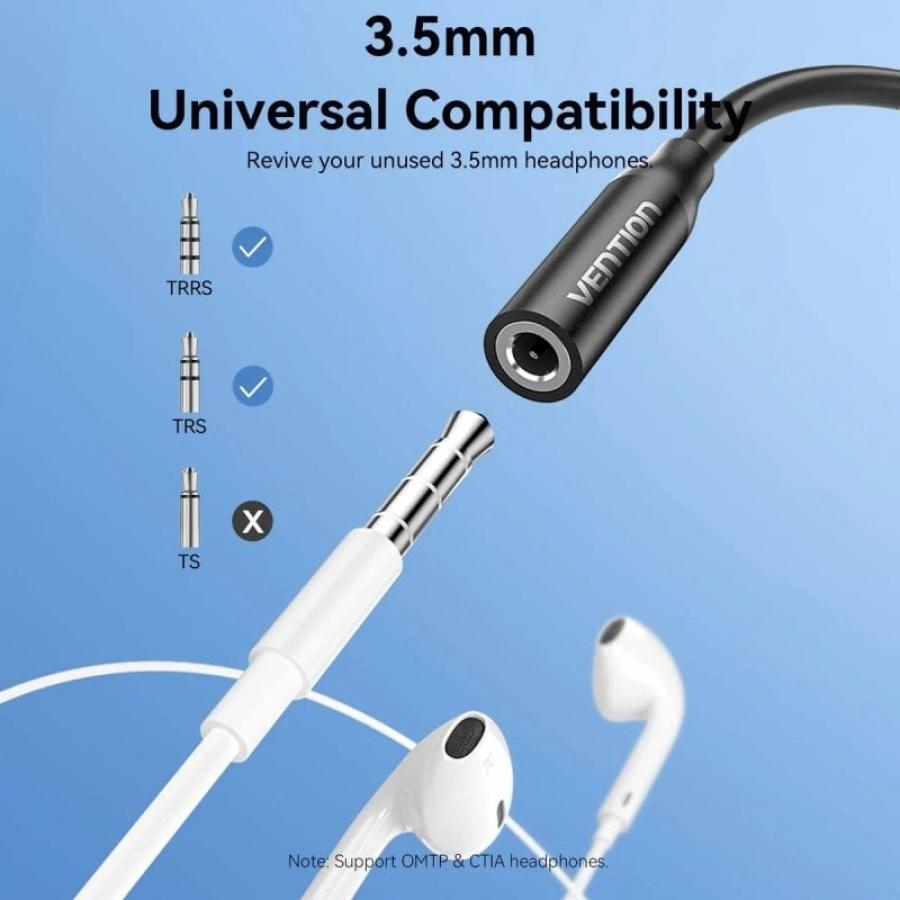 Adaptador Audio Vention BIIBA/ Jack 3.5 Hembra - USB Tipo-C Macho/ 10cm/ Negro
