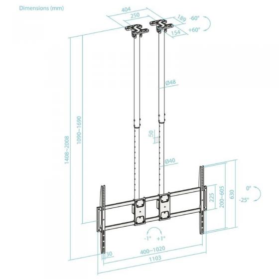 Soporte de Techo Extensible/ Inclinable TooQ LPCE11120TSLI-B para TV de 60-120'/ hasta 120kg