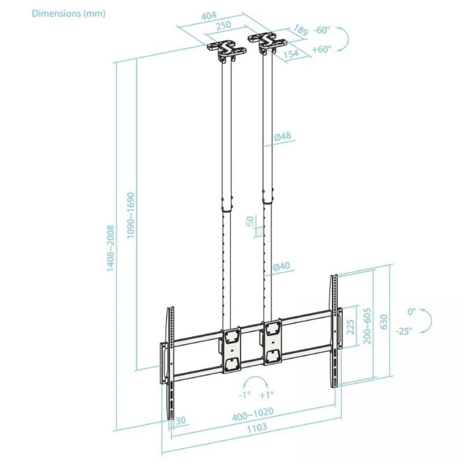 Soporte de Techo Extensible/ Inclinable TooQ LPCE11120TSLI-B para TV de 60-120'/ hasta 120kg