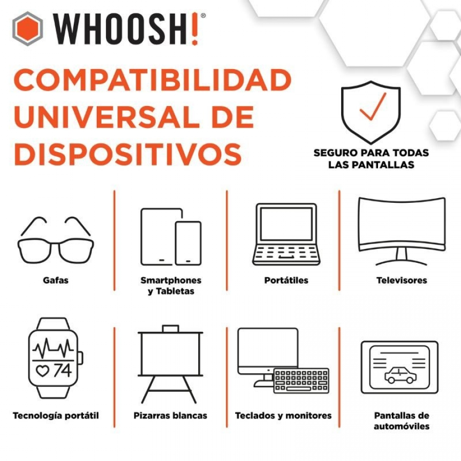 Kit Toallitas Whoosh WSH006 para Limpieza de Pantallas/ Pack de 70 unidades + Paño Microfibra