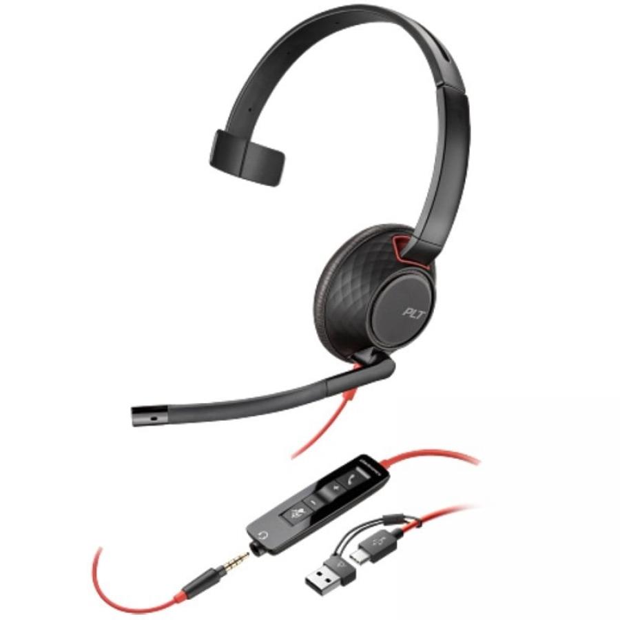 Auricular Poly Blackwire 5210 + Adaptador USB-C/A/ con Micrófono/ Jack 3.5mm/ Negro