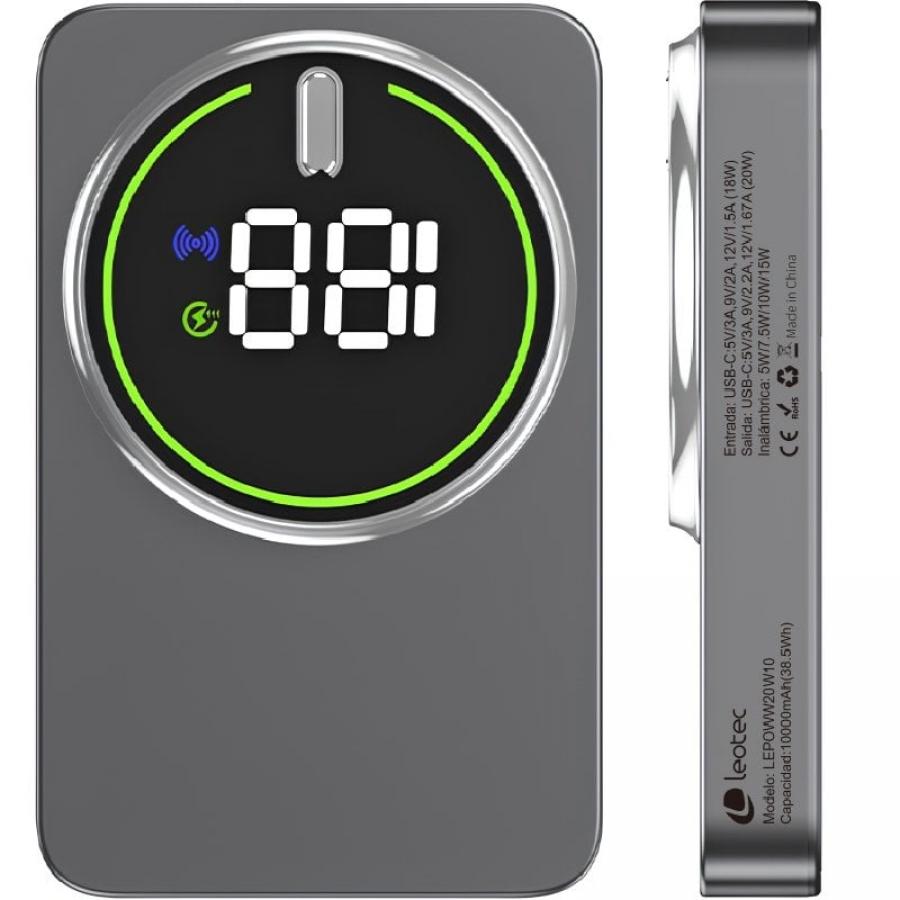 Powerbank 10000mAh Leotec LEPOWW20W10G/ 20W/ Wireless/ Gris/ Incluye Cable USB Tipo-C
