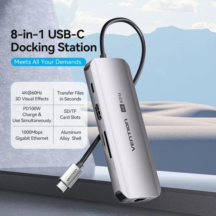 Docking USB Tipo-C Vention TQKHB/ 1xHDMI 4K/ 3xUSB/ 1xUSB Tipo-C PD/ 1xRJ45/ 1xLector de Tarjetas/ Gris