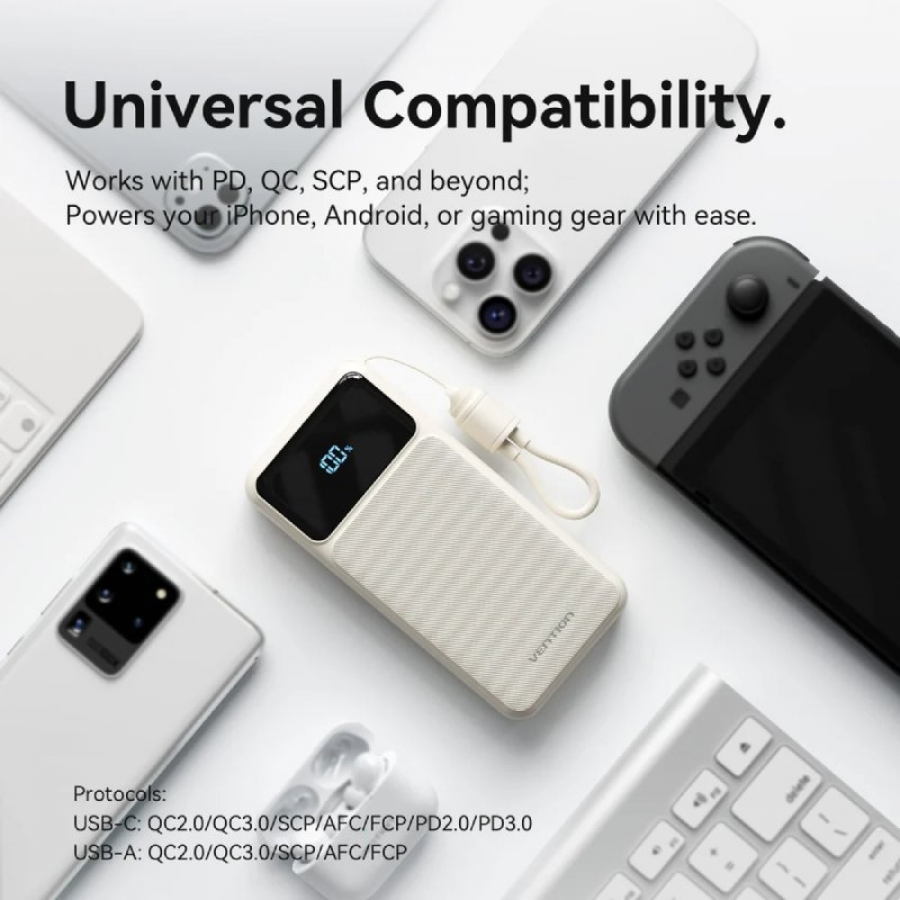 Powerbank 20000mAh Vention XGYW0-40-TY/ 22.5W/ Blanca/ Incluye Cable USB Tipo-C