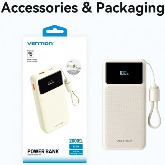 Powerbank 20000mAh Vention XGYW0-40-TY/ 22.5W/ Blanca/ Incluye Cable USB Tipo-C
